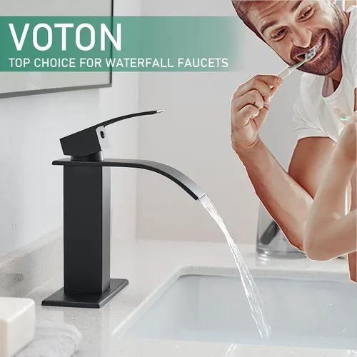 Vista 3 de VOTON Grifos de Baño Negros Modernos de Cascada para Lavabo de Baño Grifo de Baño Negro Mate de Una Sola Manija para 1 o 3 Agujeros con Placa