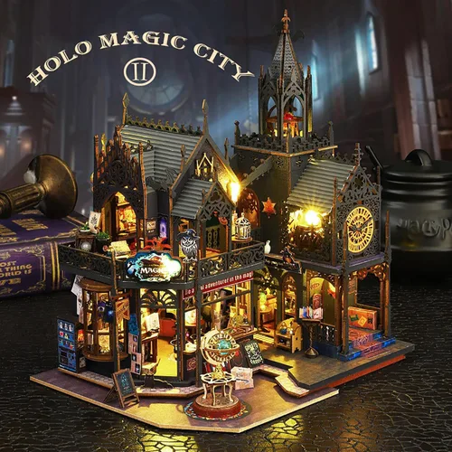 Vista 5 de Kit de Rincón de Libros de Bricolaje - Kit de Casa de Muñecas en Miniatura con Muebles y Luz LED, Rompecabezas 3D de Madera Sujetalibros de Arte