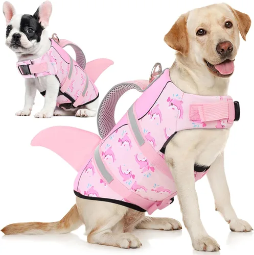 Vista 20 de AOFITEE Chaleco salvavidas para perros, chaleco salvavidas para perros pequeños, chaleco de seguridad reflectante con flotabilidad superior y asa