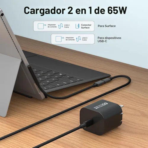 Vista 2 de Cargador USB C Surface Pro de 65 W compatible con Surface Pro 3/4/5/6/7/8/9/10/X/11/12, Surface Book1/2/3, adaptador de corriente compatible