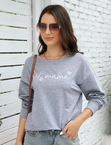 Vista 5 de Sudaderas con diseño de mamá de gato para mujer, camiseta de manga larga divertida con estampado de letras de mamá
