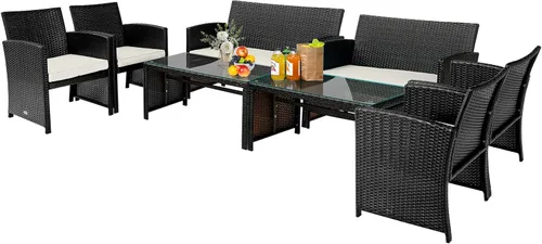 Vista 12 de Tangkula Juego de muebles de ratán de 4 piezas, juego de conversación al aire libre con silla, sofá biplaza y mesa de centro de vidrio templado