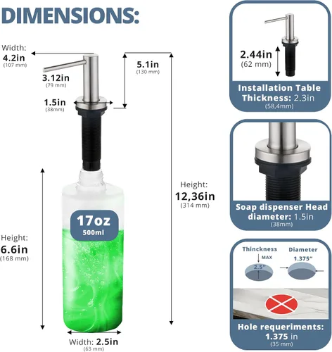 Vista 2 de SBEN Dispensador de jabón para fregadero de cocina, bomba de encimera para jabón de manos o loción, botella integrada de 17 onzas, diseño de acero