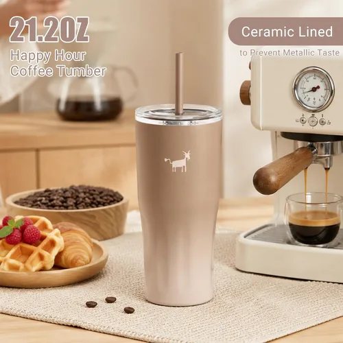 Vista 2 de CHEERFUL GOAT Taza de viaje de café con forro de cerámica – Vaso de café de viaje de acero inoxidable con forro de cerámica, con tapa, taza de 21