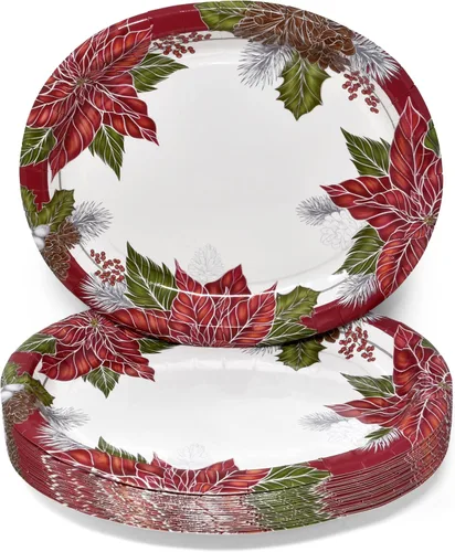 Vista 5 de Gift Boutique 50 Unidades Platos Ovalados de Follaje de Flor de Pascua Navideña de 10" x 12" – Bandejas de Papel Navideñas para Fiestas y Reuniones