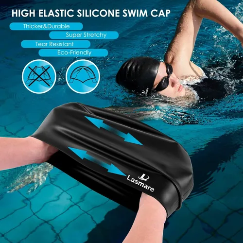 Vista 4 de Large Long Hair Swim Cap with Extra Room for Women Men, Silicone Swimming Cap for Long Thick Hair with Ear Plugs Nose Clip Set, Adult Waterproof
