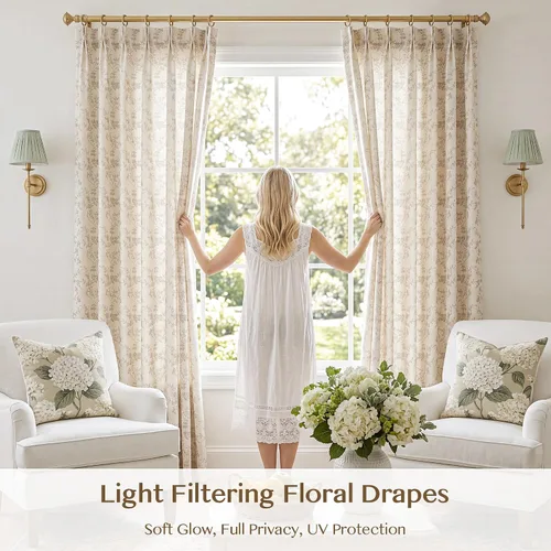 Vista 6 de Cortinas plisadas semitraslúcidas filtrantes de luz, de mezcla de lino de lujo, para sala de estar, dormitorio, comedor, casa rural estampada, juego