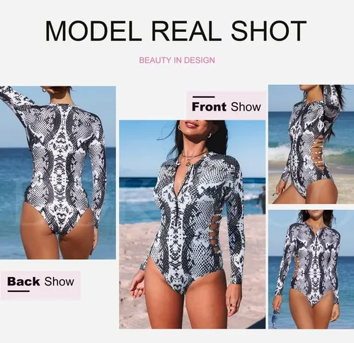 Vista 4 de Dokotoo Traje de baño de una pieza con estampado de leopardo de moda 2023 con cremallera frontal y manga larga para mujer