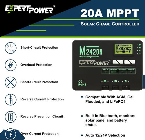 Vista 4 de ExpertPower Kit de energía solar de 200 W y 12 V con batería: batería de gel de 900 Wh + panel solar mono de 200 W + controlador de carga MPPT de 20