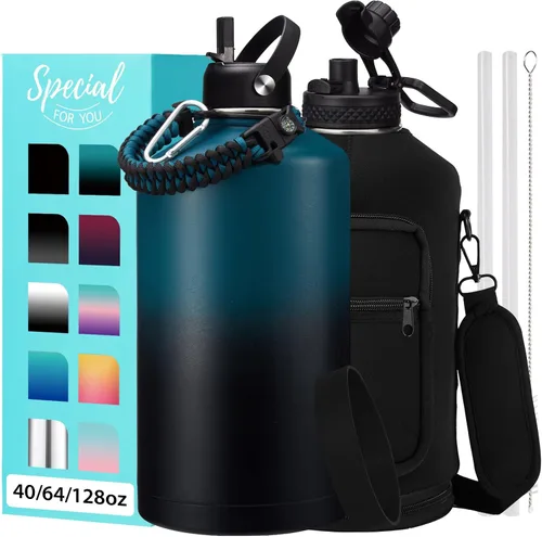 Vista 25 de Botellas de agua de 32 onzas aisladas con pajita y tapa para beber de un sorbo, asa de paracord, bolsa de transporte con correa, termo de triple