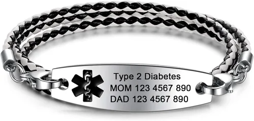 Vista 9 de JF.JEWELRY Pulseras de alerta médica personalizadas personalizadas para mujeres y hombres 3 capas de cuero trenzado negro pulseras médicas