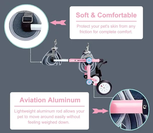 Vista 5 de Ayuda de rehabilitación para silla de ruedas para perros, silla de ruedas plegable para mascotas con bolsa práctica, color rosa/blanco, ajustable