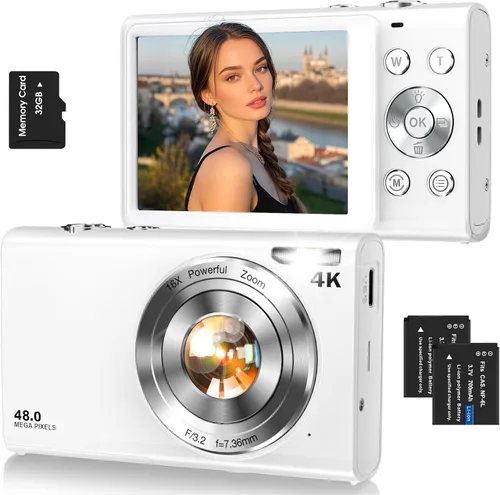 Vista 10 de Cámara digital, cámara de videoblogs 4K con enfoque automático para fotografía con tarjeta de 32 GB, cámara digital compacta portátil de 48