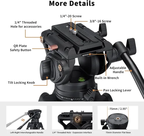 Vista 3 de Sistema de trípode de video Cayer BV30L, trípode de aluminio de doble tubo resistente de 72" con cabezal fluido K3, base plana de 75mm, carga máxima