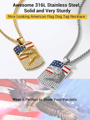 Vista 6 de PROSTEEL Collar con etiqueta de perro de la bandera estadounidense, dije de bandera nacional de Estados Unidos, collar patriótico chapado en acero
