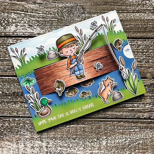 Vista 4 de Juego de sellos y troqueles para niños de pesca para hacer tarjetas, sellos transparentes y troqueles de corte de metal para álbumes de recortes