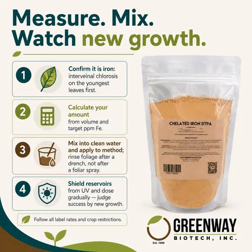 Vista 7 de Greenway Biotech, Inc. Hierro quelado DTPA 11% – para suelos alcalinos (pH 4.0-7.5) – Fertilizante 100% soluble en agua para cítricos, césped e
