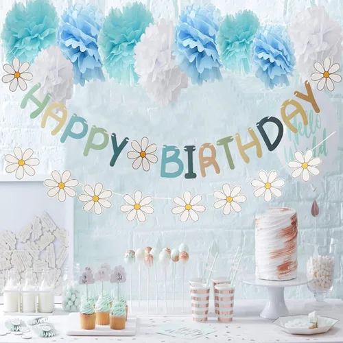 Vista 4 de Cartel de feliz cumpleaños con diseño de margarita para niños y adultos, decoración de fiesta de cumpleaños (azul + blanco)