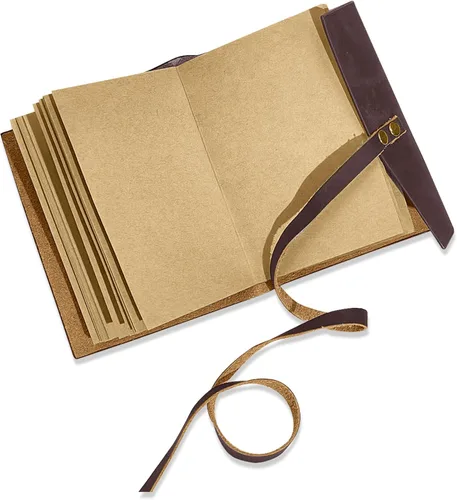 Vista 5 de Diario de cuero genuino de 4 x 6 pulgadas para hombres y mujeres con caja de regalo, 300 páginas de papel kraft forradas, diario encuadernado