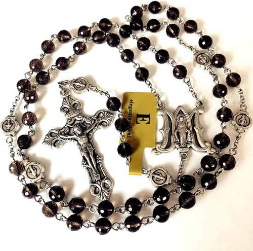 Vista 8 de elegantmedical Hecho a mano Ahumado Cuarzo Cristal Cuentas 5 Décadas María Católica María Rosario Cruz Regalos Collar Caja