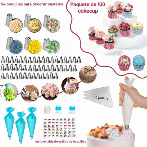 Vista 5 de Soporte giratorio y portador de pasteles de aleación de aluminio, kit de 268 piezas con 54 puntas de tubería, discos acrílicos para tartas, varias