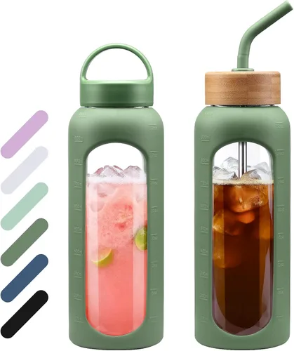 Vista 15 de WINSA - Botella de agua de vidrio de 24 onzas, vaso de vidrio con popote, botellas reutilizables con 2 tapas - Tapa con asa y tapa de bambú