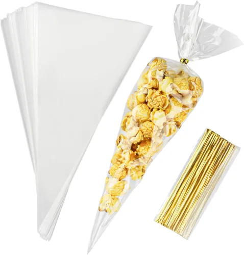 Vista 7 de 100 piezas de bolsas para golosinas en forma de cono, bolsas para golosinas de celofán en forma de cono, bolsas de plástico transparente triangular