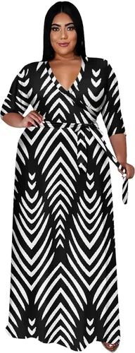Vista 22 de Runwind Vestidos de Talla Grande para Mujeres Vestido Maxi Floral Suelto Manga 3/4 con Cinturón 01-Negro