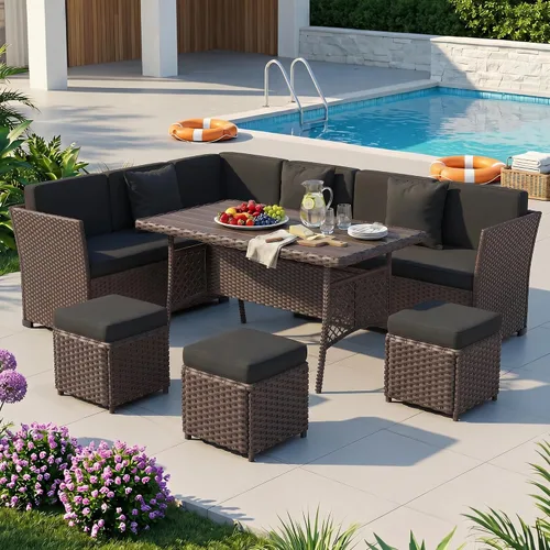 Vista 12 de Juego de muebles de patio, 7 piezas, juego de comedor al aire libre, juego de conversación de ratán para todo tipo de clima, sofá modular de comedor