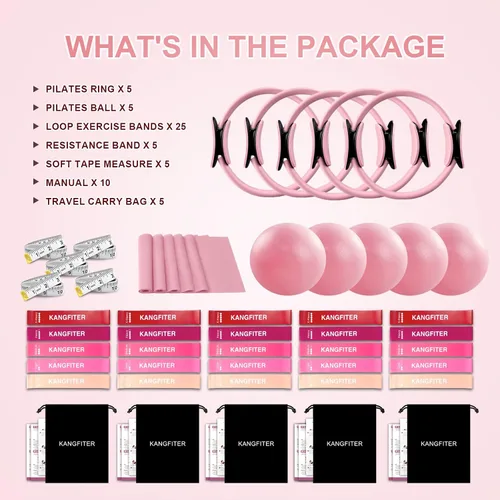 Vista 2 de 45 PCS Bulk Pilates Kit with Ring Ball Bands for Members Students Gift 45 PCS Pink