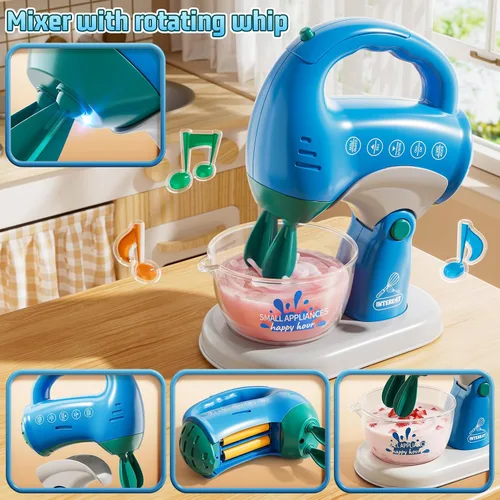 Vista 5 de PEADUCK Juego de electrodomésticos de cocina 3 en 1 para niños, juguetes de simulación con licuadora, mezcladores, dispensador de agua, sonidos