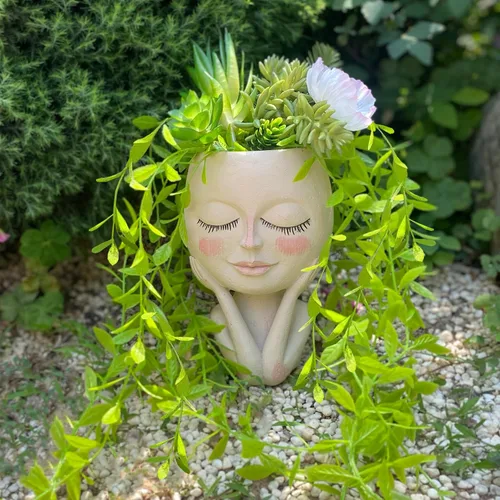 Vista 8 de Maceta con Rostro - Macetas Dobles para Plantas de Interior y Exterior, Resina, Cabeza de Planta con Agujero de Drenaje, Linda Cara de Dama, Macetas