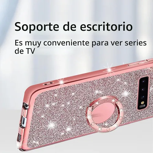 Vista 5 de Funda para S10 Plus, Galaxy S10 Plus 2019 para mujer con purpurina de cristal suave y transparente, TPU Bling funda protectora con correa de pie