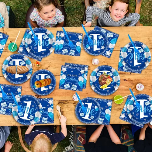 Vista 5 de Wiooffen Juego de vajilla para fiesta de cumpleaños de niño de 1 año, azul, 96 piezas, para 24 invitados, platos de papel, servilletas, tenedores