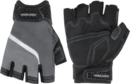 Vista 17 de HANDLANDY Guantes tácticos de impacto sin dedos para hombre, guantes de trabajo con agarre acolchado de medio dedo, guantes de conductor de Verde