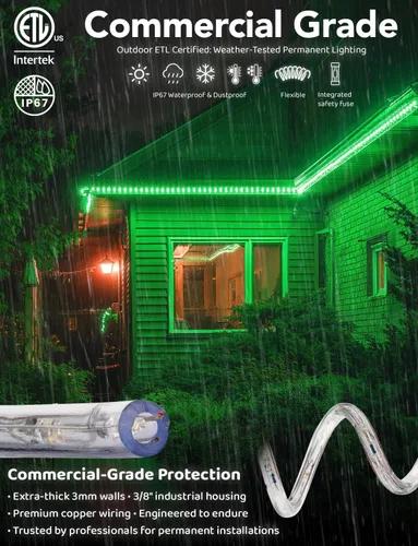 Vista 3 de 108 LED, luz LED verde exterior de 10 pies, conectable, para exteriores, certificado ETL, iluminación exterior permanente, impermeable, carcasa