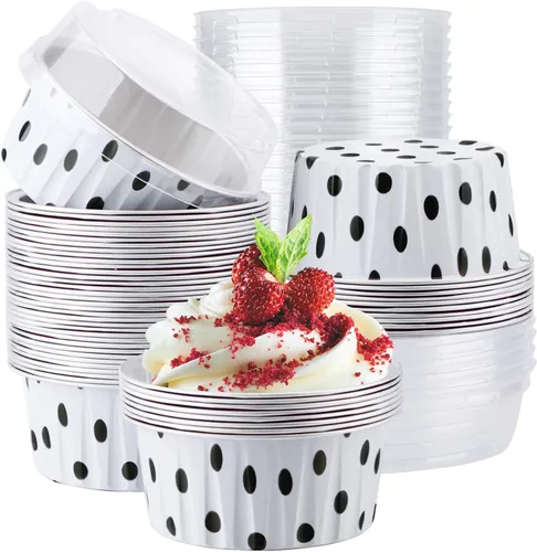 Vista 28 de EUSOAR Vasos para cupcakes con tapas, paquete de 50 forros para magdalenas de 5 onzas de colores surtidos, moldes desechables de papel de aluminio 5