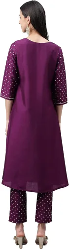 Vista 8 de Janasya Kurta sólido de seda crepé púrpura para mujer con pantalón