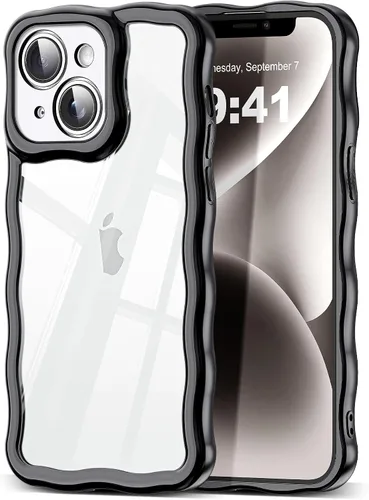 Vista 23 de SKYLMW Funda compatible con iPhone 12 Pro, diseño de ondas rizadas kawaii, borde chapado de lujo, elegante parte trasera transparente brillante, TPU