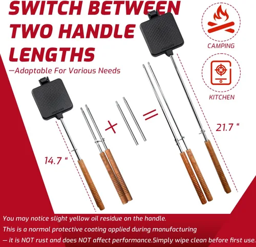 Vista 4 de Campfire Pie Iron - Sandwichera grande de hierro fundido de 4.9 pulgadas para camping, 2 piezas con bolsa de almacenamiento, asas ajustables de 21.7