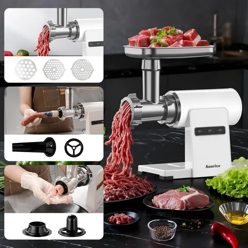 Vista 3 de Picadora de carne eléctrica para uso doméstico, potencia máxima de 2800 W, cuerpo de metal resistente con inversión automática, 2 cuchillas y 3