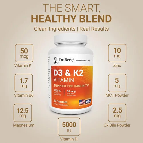 Vista 5 de Dr. Berg Fuerza Máxima 2-en-1 Vitamina D3 K2 5000 IU D3 Derivado Naturalmente 4 Veces Probado y Verificado en Laboratorio Fórmula de Alta