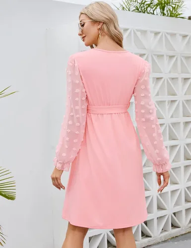 Vista 6 de Coolmee Vestido de maternidad de manga larga con lunares suizos, cuello en V, para otoño, casual, bohemio, vestido midi para baby shower, sesión
