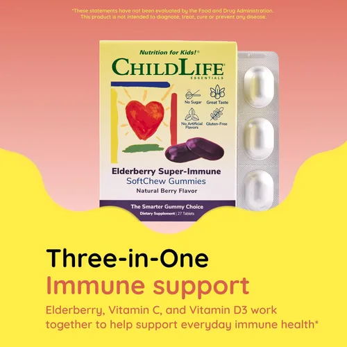 Vista 6 de CHILDLIFE ESSENTIALS Gomitas SoftChew superinmunes de saúco para niños, apoyo inmunológico con vitamina C y vitamina D3, suplemento inmunológico