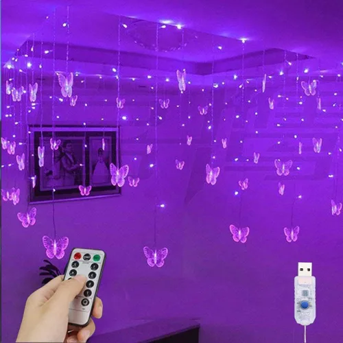 Vista 9 de Butterfly Curtain Lights 13ft 96 LED Twinkle Fairy Lights 8 Modes String Lights with Remote, Butterfly Hanging Decoration for Bedroom Dorm Wall