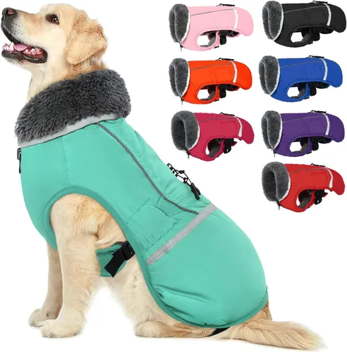 Vista 10 de QBLEEV Abrigo cálido para perro, chaqueta de invierno reflectante, impermeable, resistente al viento, ropa de cuello alto para perro para clima