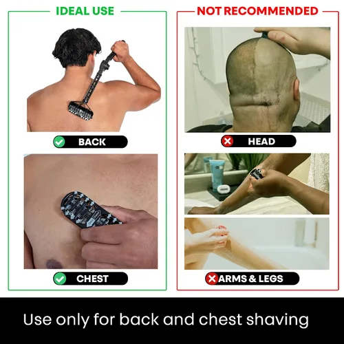 Vista 3 de OmniShaver Kit de afeitado ergonómico de mantenimiento trasero – Mango extensible con cabezales de afeitado dobles para un fácil alcance – Incluye