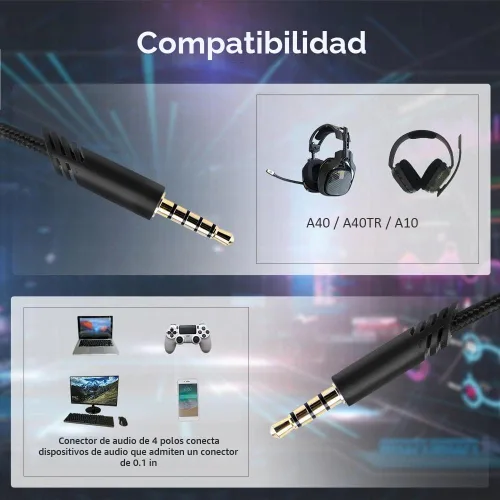 Vista 4 de Cable de repuesto para auriculares Astro A40 con botón de silencio en línea para auriculares Astro A10/A40/A40TR/A50, compatible con controlador