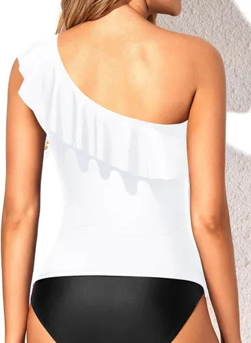 Vista 5 de Yonique Tankini de un hombro para mujer, con volantes, sin tirantes, sin parte inferior