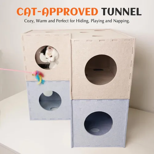 Vista 6 de PETKARAY Túnel para gatos, cueva original para gatos de interior, tubos y túneles de juego para gatitos grandes, juguete de fieltro suave con Beige